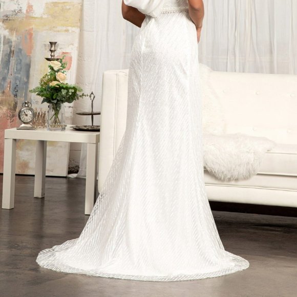 NEW IVORY Embroidered Sequin Embellished Mermaid Dress Chiffon Drape Cape gl3008 - Picture 2 of 6